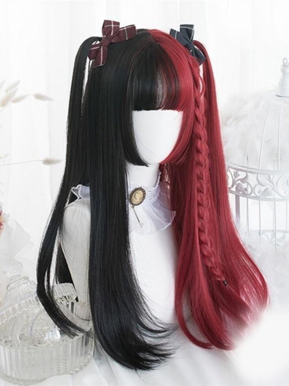 Black & Red Wig w/ Bangs, Hime Cut, 24inch Full Cap Synthetic Hair Cosplay